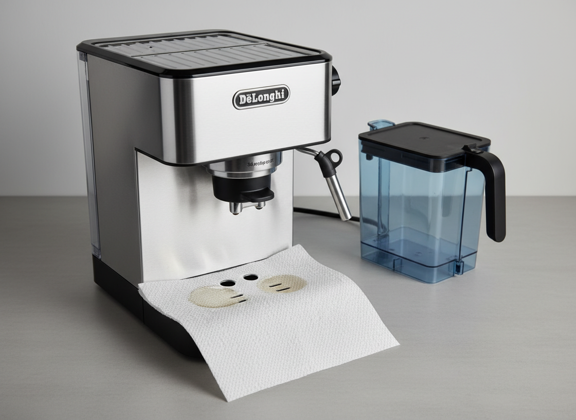 Czysty ręcznik papierowy wsunięty pod ekspres DeLonghi, z zaznaczonymi dwiema mokrymi plamami w przedniej i tylnej części urządzenia, obok stoi wyjęty pojemnik na wodę