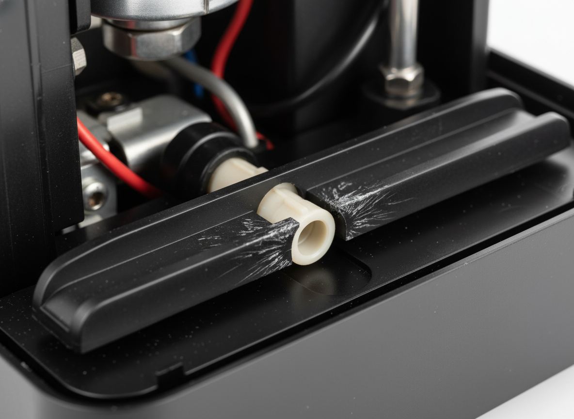 Zbliżenie na wnętrze ekspresu po wyjęciu tacki ociekowej. Widoczne czarne, plastikowe prowadnice z białymi śladami naprężeń i mikropęknięciami wokół złączki zaworu drenażowego.