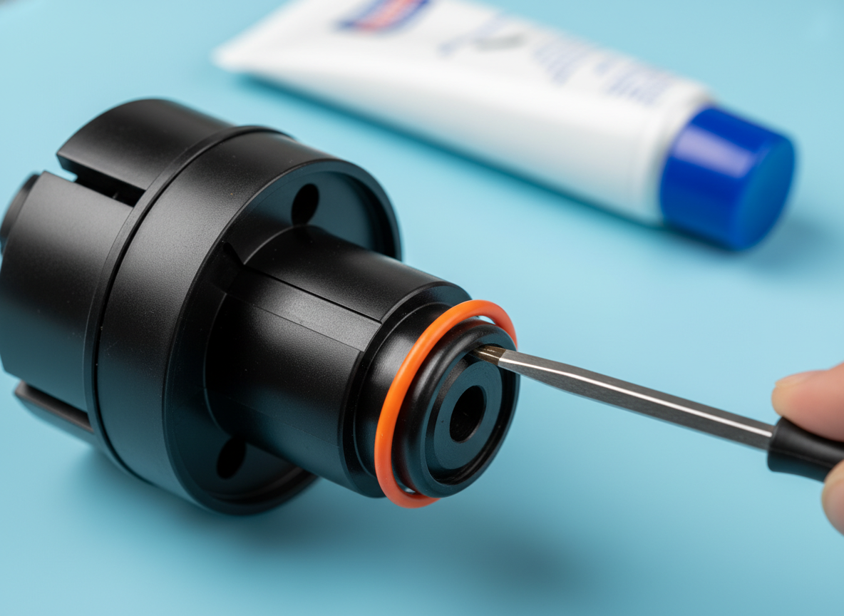 Wymontowany zaparzacz DeLonghi w zbliżeniu, na którym widać proces zakładania nowego pomarańczowego o-ringu na główny tłok przy pomocy płaskiego wkrętaka, w tle tubka smaru silikonowego