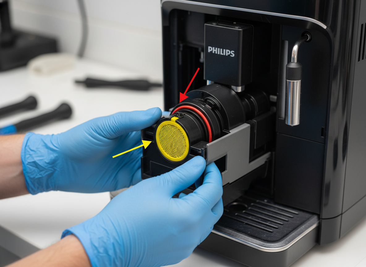 Dłonie w rękawiczkach serwisowych wyciągające blok zaparzający z ekspresu marki Philips. Zaznaczone strzałką żółte sitko zaparzacza oraz czerwony O-ring tłoka, który w tym przypadku jest pęknięty z powodu przesuszenia.