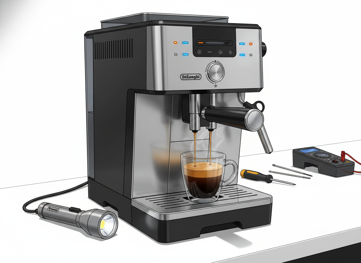 Złożony i włączony ekspres DeLonghi w trakcie parzenia podwójnego espresso do szklanki, z boku obudowy leży latarka diagnostyczna używana do sprawdzania wnętrza