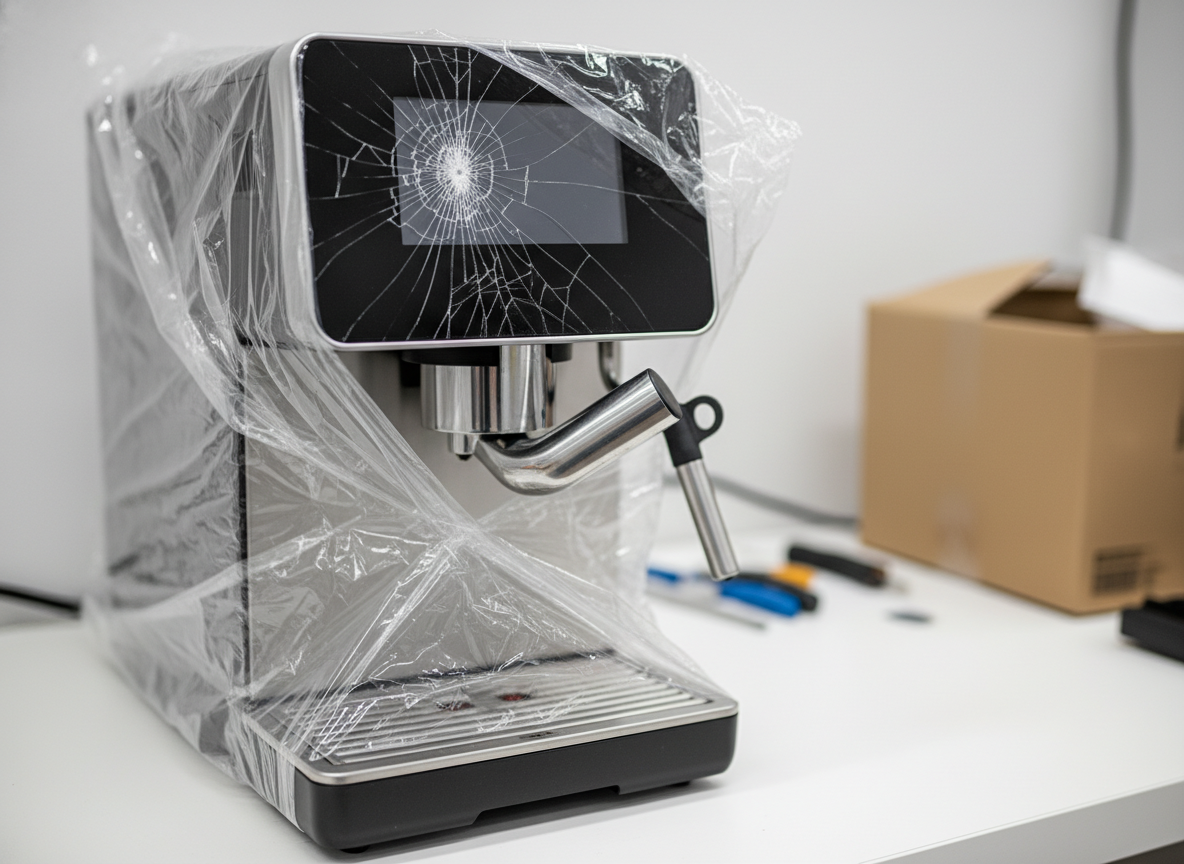 Uszkodzony w transporcie ekspres automatyczny owinięty niechlujnie cienką folią. Zaznaczony pęknięty, przedni panel dotykowy i wylewka wykrzywiona pod nienaturalnym kątem, co obrazuje skutki złego zabezpieczenia przesyłki serwisowej.
