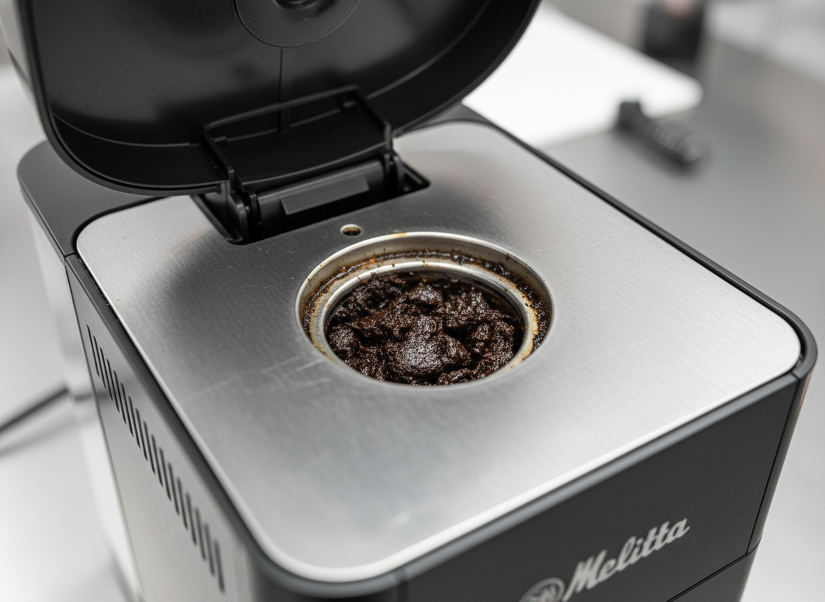 Zbliżenie na otwarty pojemnik na ziarna ekspresu Melitta, widoczny wlot do młynka zalepiony zbitą, ciemną masą tłustej kawy, która uniemożliwia opadanie nowych ziaren