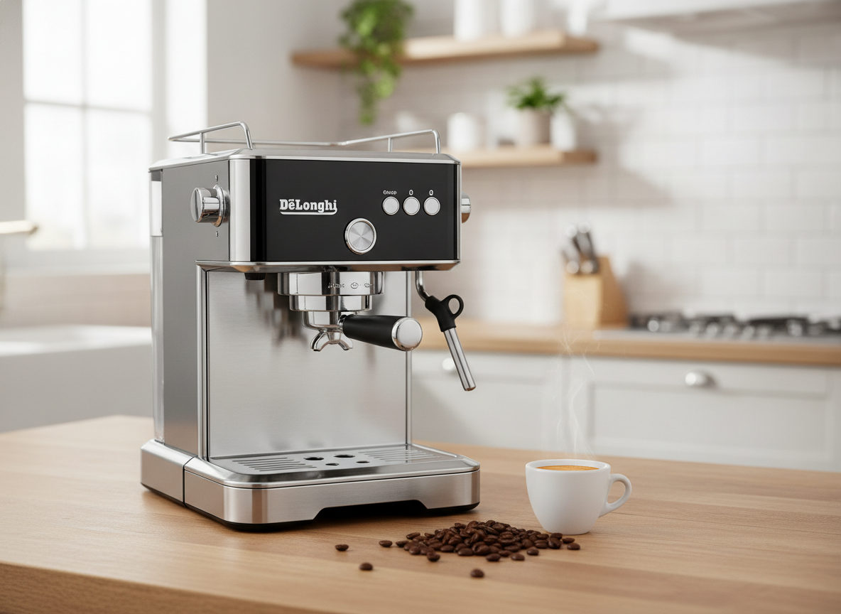 Elegancki, czysty ekspres ciśnieniowy DeLonghi stojący na jasnym, drewnianym blacie w przytulnej i nowoczesnej kuchni, otoczony ziarnami kawy i filiżanką świeżo zaparzonego espresso